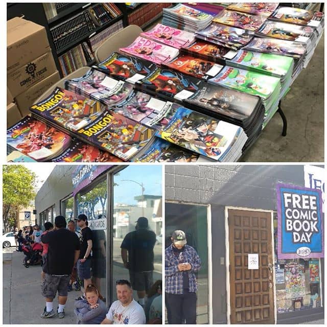 Let’s get these Free comics to the people!  We are open!  These fine folks are all getting 25+ #fcbd comics per person!  #freecomicbookday