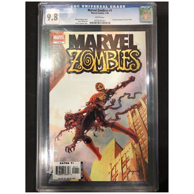 Robert Kirkman’s zombie superhero series stoked the flames of the zombie craze to unprecedented heights!  But these awesome Arthur Suydam covers had to have helped!  What a great cover swipe of AF15!  This 1st print is for sale. Please DM us for pricing. #walkingdead #marvelzombies #amazingfantasy15 #arthursuydam #robertkirkman #igcomicfamily #igcomics